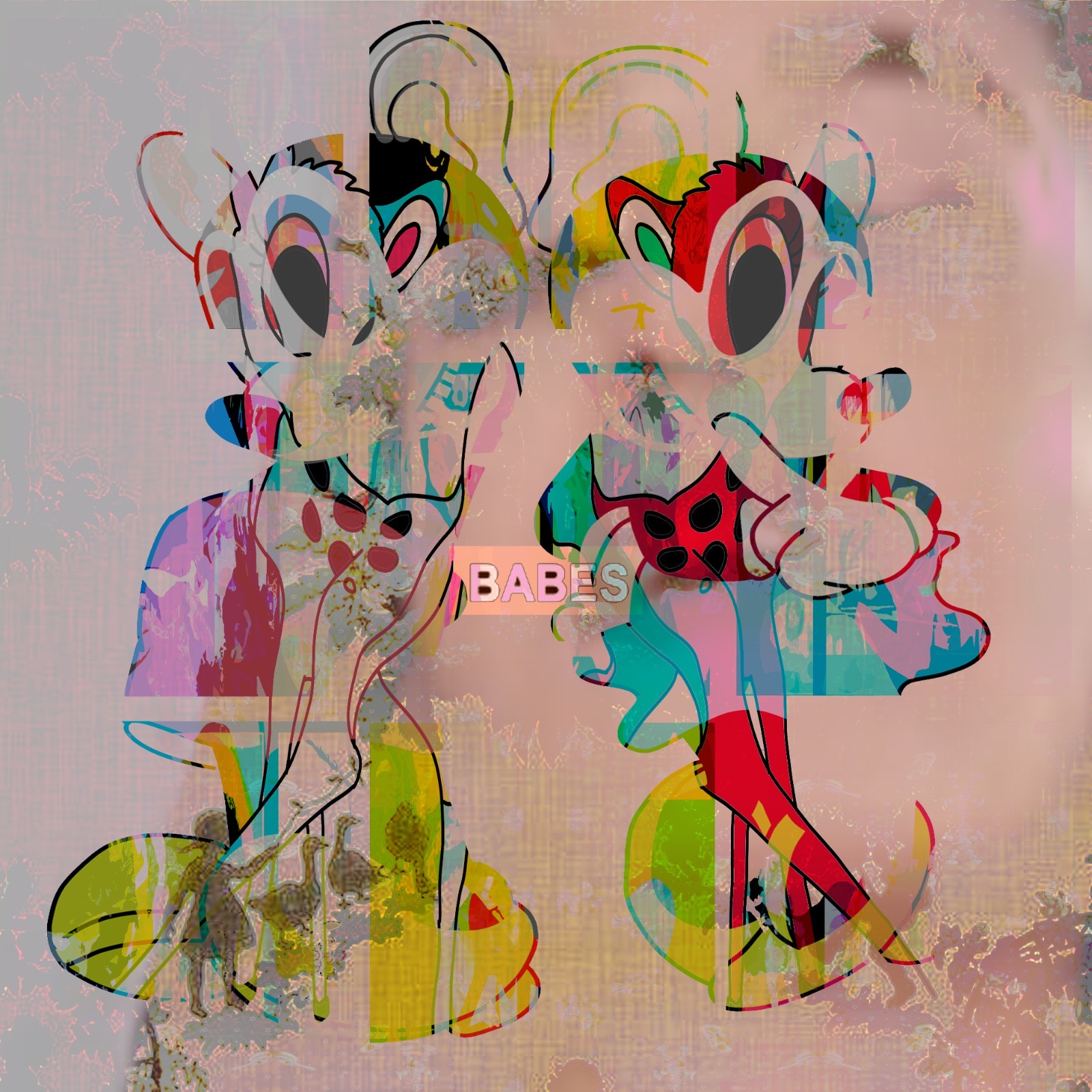Artwork by Ann Healey with Cartoon-inspired figures, colorful abstract compositions, playful vintage pop culture imagery. Surreal, vibrant, whimsical, retro-modern, playful and layered. Wall art for modern interiors, statement art print for collectors, playful home decor.